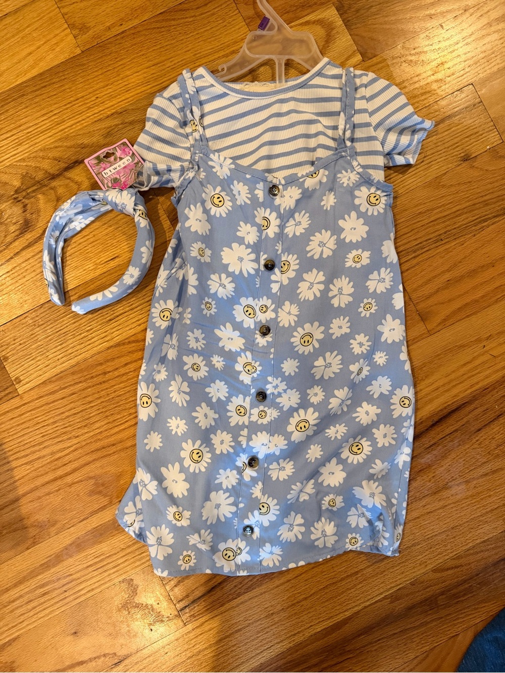btween Light Blue Daisy Button Dress with Striped Tee & Headband